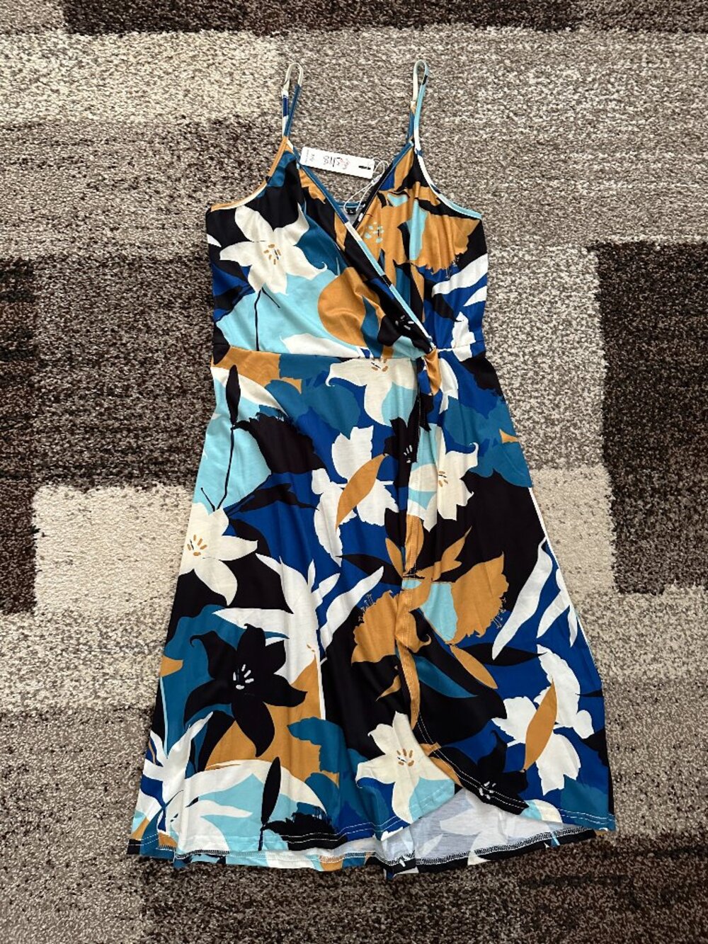 KILIG (L) Blue Mustard Teal Floral Dress V-Neck Faux Wrap Twist Knot Split Midi